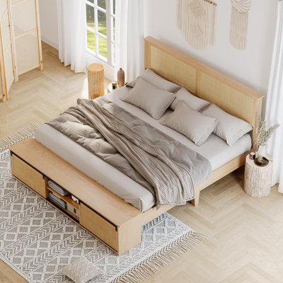 Natural Rattan Bed Frame With Sliding Barn Door Storage Cabinets And LED Light Headboard