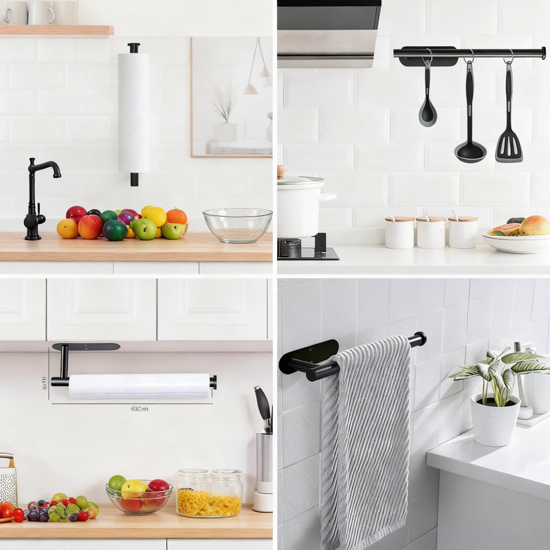 Porte-essuie-mains sous-armoire avec adhésif fort - Porte-rouleau mural en acier inoxydable sans perçage pour l'organisation de la cuisine et de la salle de bain, conception peu encombrante pour les grands rouleaux
