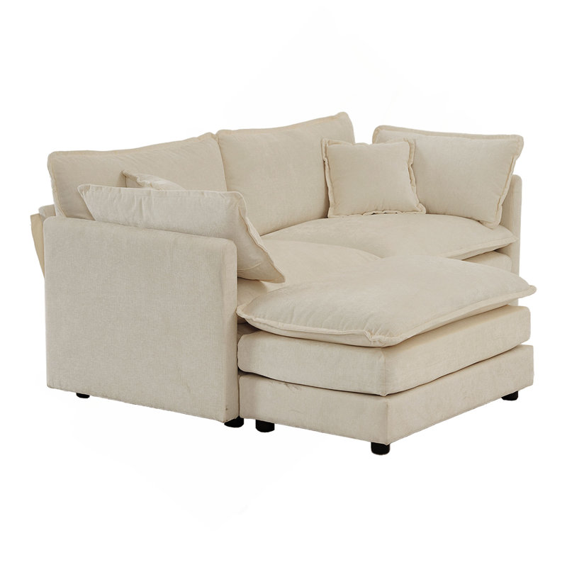 Canapé en chenille deux places avec 1 repose-pieds, canapé modulaire en L avec repose-pieds 2 places, causeuse avec repose-pieds pour petit espace de vie