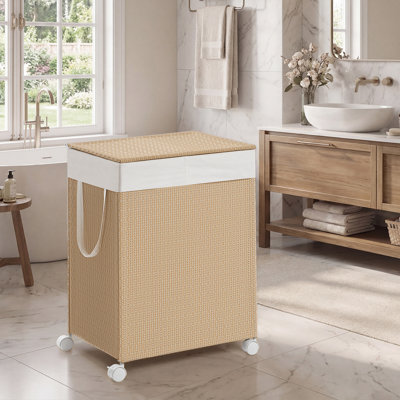 Panier à linge avec 2 compartiments, 26,4 gallons Trieur de linge sur roulettes, panier à linge avec couvercle, doublure amovible avec poignées