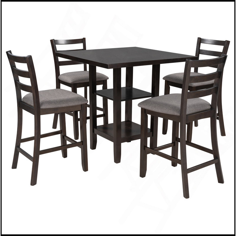 Ensemble de salle à manger 5 pièces à hauteur de comptoir en bois avec chaises rembourrées et étagères de rangement, Espresso