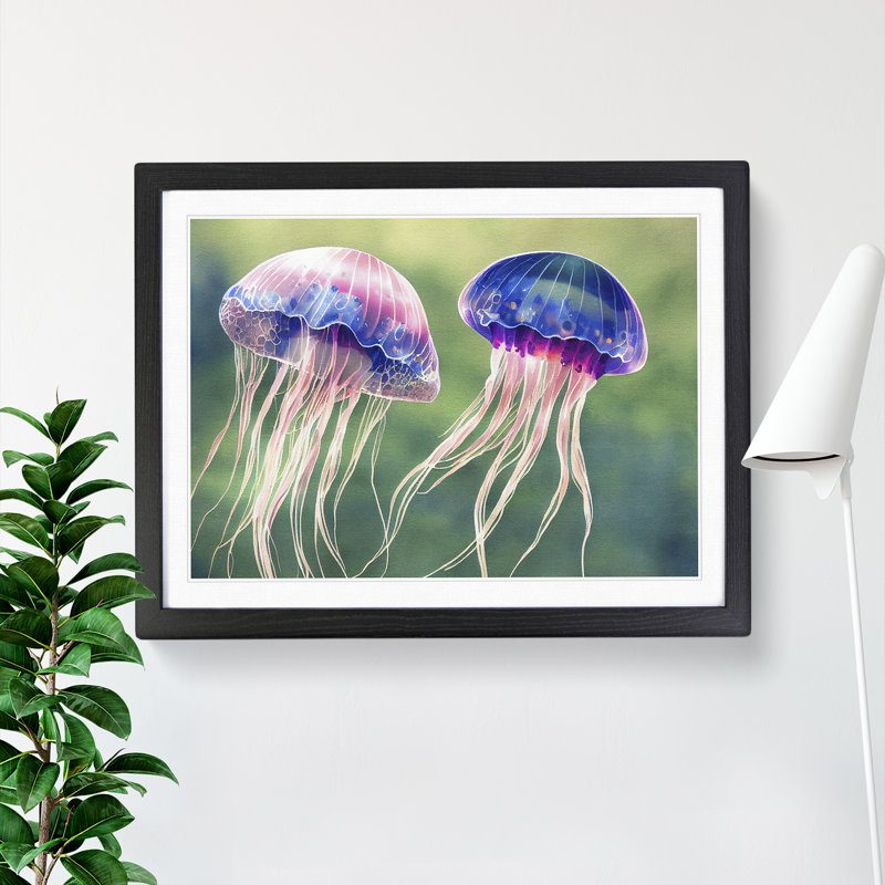 Watercolour Jellyfish - Single Picture Frame Print, Black, 46cm H x 64cm W x 2cm D