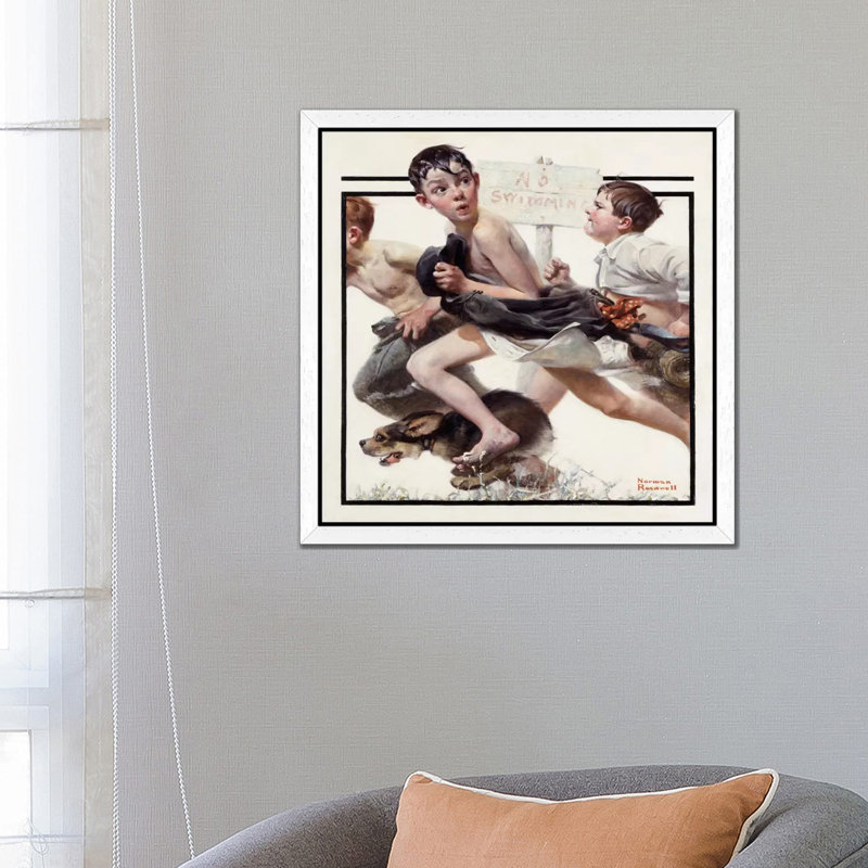 No Swimming by Norman Rockwell - Floater Frame Print on Canvas, 45.72 cm H x 45.72 cm W, White