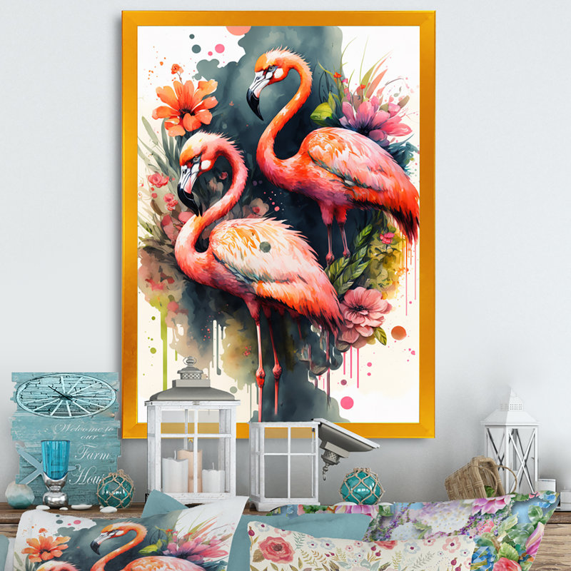Mignon flamants roses - Peinture sur toile, Encadrement doré, H 40 po x l 30 po x P 1,5 po