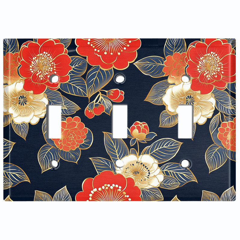 Couvercle de plaque d'interrupteur en métal; Bascule à 3 bandes US standard - Fleurs japonaises rétro, #3 Triple Toggle