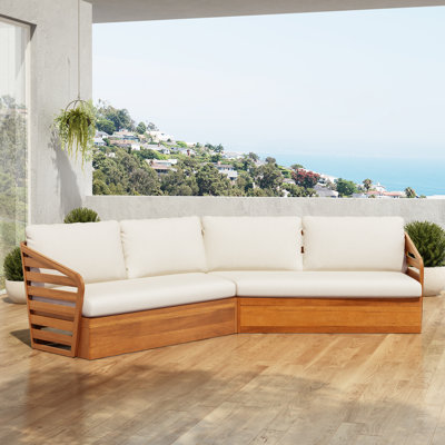 Favets Outdoor V-Shaped Acacia Wood Sectional Sofa With Cushions