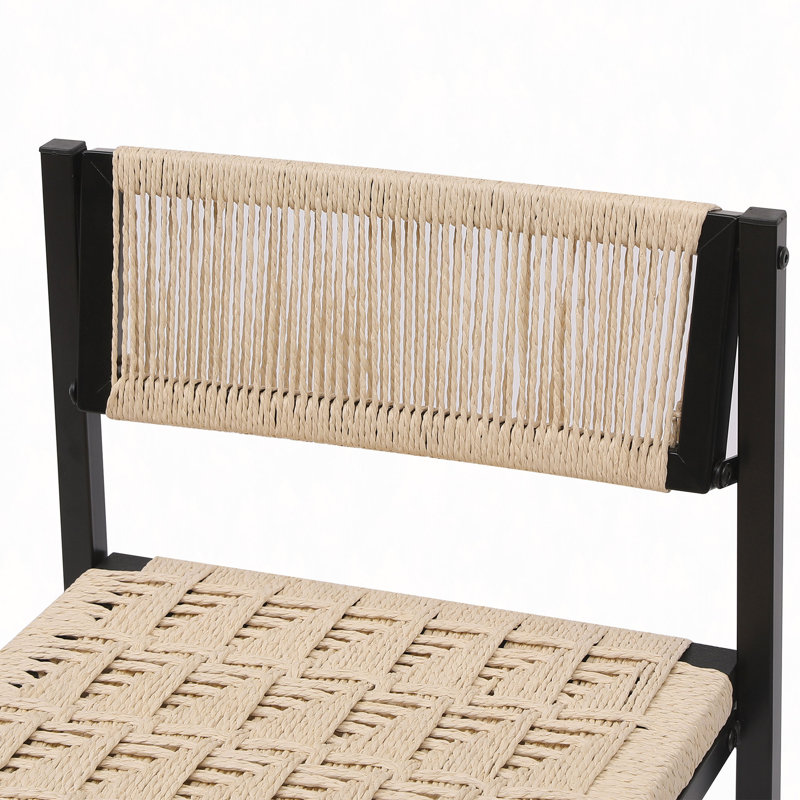 Ensemble de 2 tabourets de bar tissés avec dossier en corde de papier tissé pour îlot de cuisine, Blanc crémeux