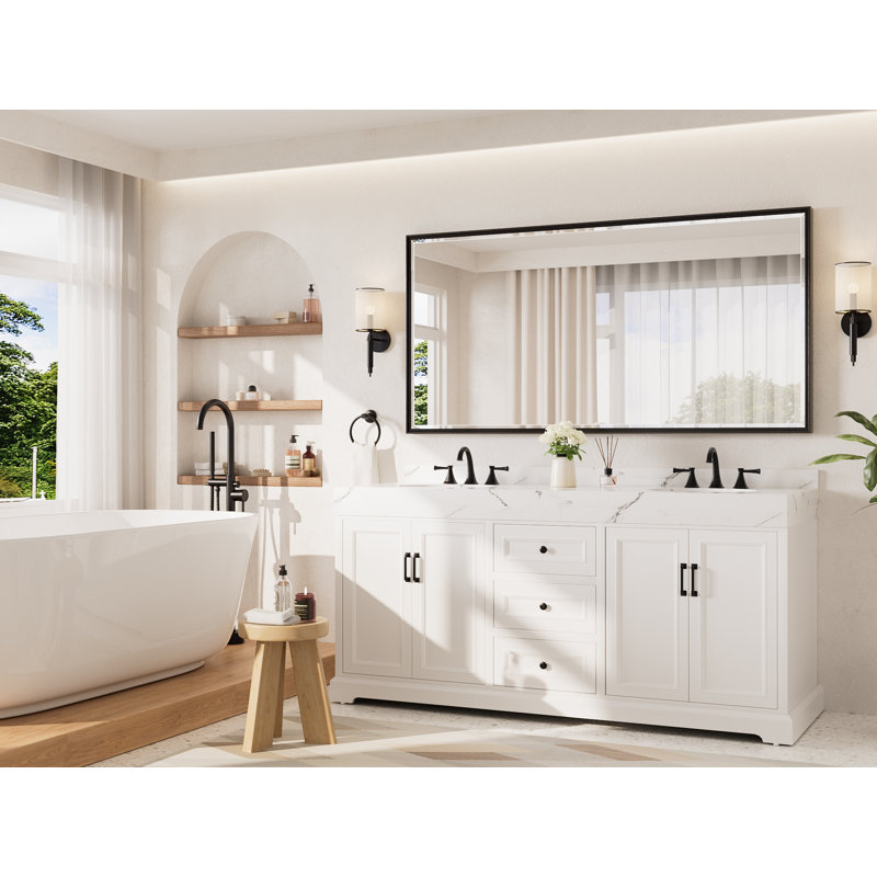 Miroir de salle de bain rectangulaire biseauté avec cadre en aluminium , 72 po x 36 po, Noir