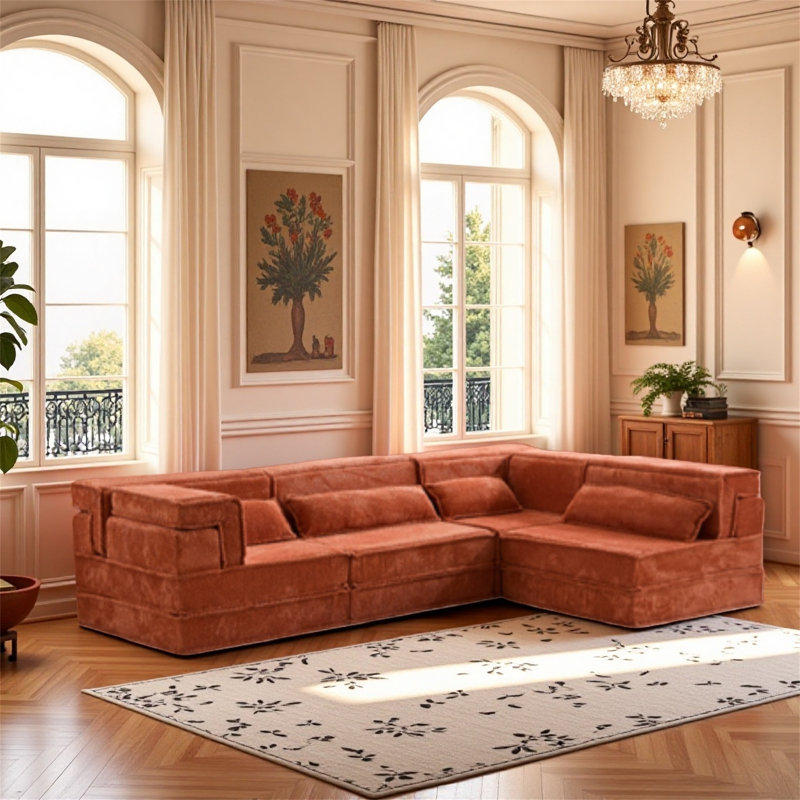Très grand canapé à quatre places avec quatre coussins et un design sans os, Orange