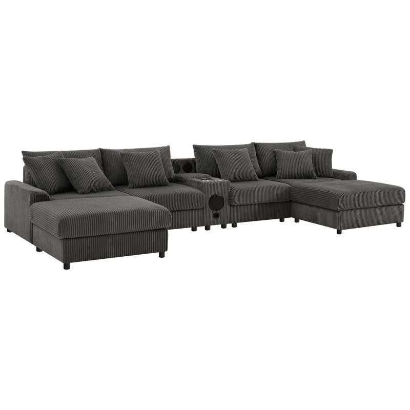 Canapé modulaire 144 * 64 po en velours côtelé avec haut-parleurs Bluetooth, canapé en U avec console, chargeur USB, porte-gobelets, rangement, repose-pieds, canapé à sièges profonds et larges pour salon et appartement