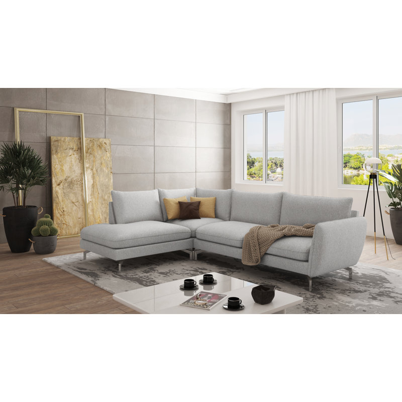 Modern L-Shape Corner Sofa  with Silver Metal Legs, Left Hand Facing, Silver