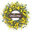 Couronne de campagne jaune marguerite et eucalyptus printemps été avec panneau de bienvenue, porte d'entrée, mur et décor de fête