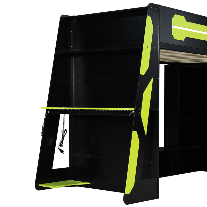 Lit mezzanine simple avec tablettes intégrées, bureau et multi-rangements, thème pour jouer au travail, console de jeu sous la console, espace de jeu en douceur