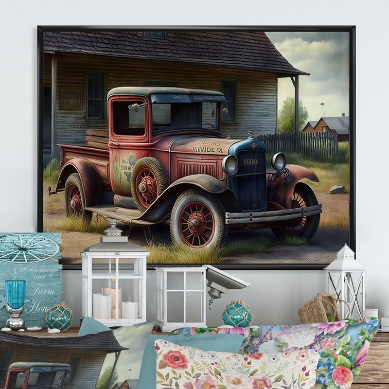 «American Car at the Barn 30S», reproduction sur toile, H 30 po x l 40 po x P 1,5 po, Cadre flottant noir