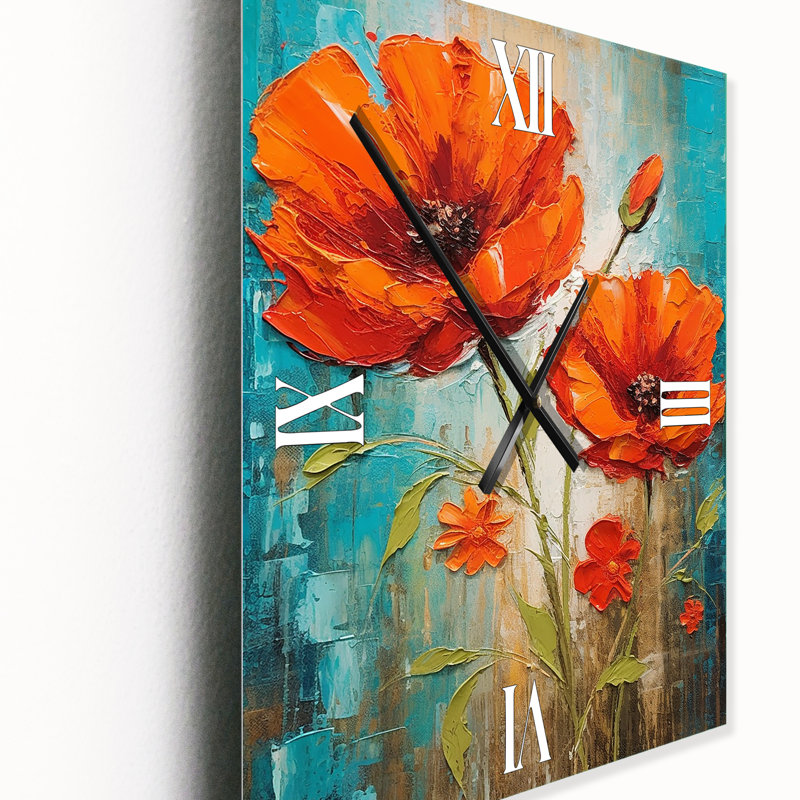 «Blossoming Poppes Sky», peinture d'horloge murale surdimensionnée, Médium