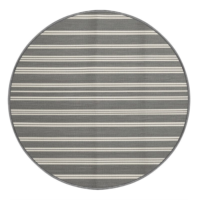 Washable Dove Gray White Striped Area Rug, Round 4'