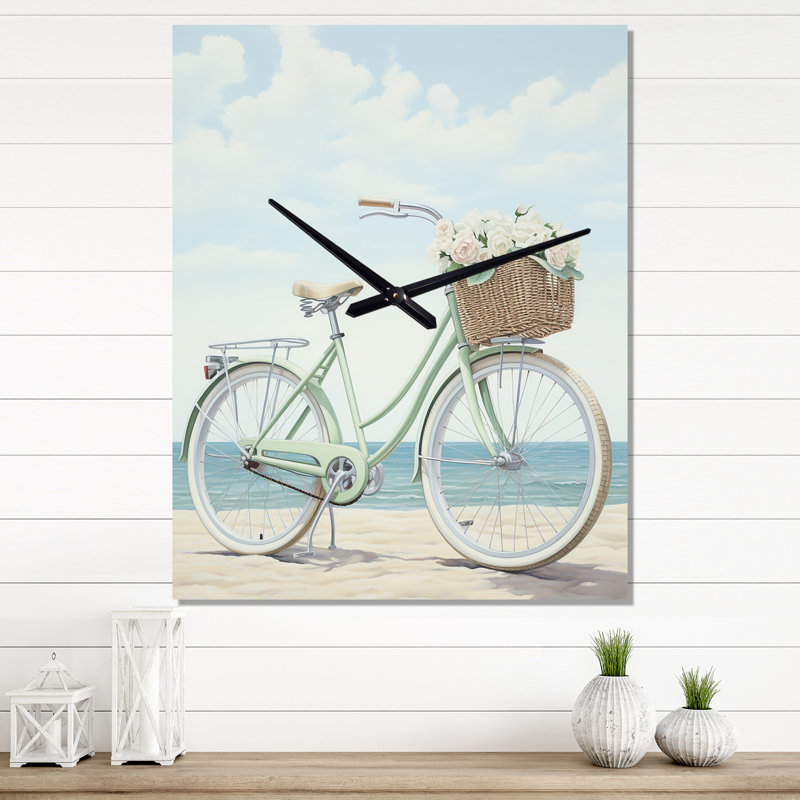 Vélo rétro bleu avec panier sur la plage - horloge murale de plage surdimensionnée, Grand