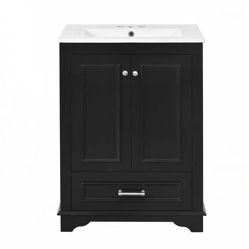 Meuble-lavabo de salle de bain avec lavabo en céramique, poignée argentée et portes à fermeture douce, Noir