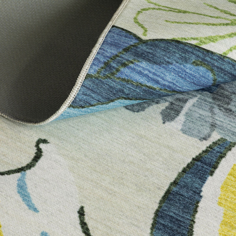 Blue and Green Floral Synthetic Rectangular Area Rug