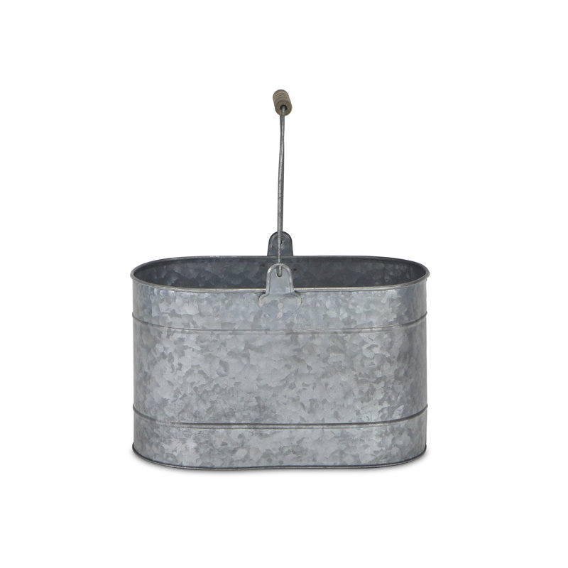Oval Silver Galvanized Metal Bucket with Wood Handle Grip