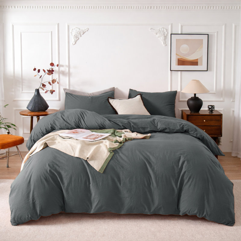 3-Piece Dyed Duvet Cover Set With Pillowcases, Single Duvet Cover + 2 Standard Pillowcases, Charcoal