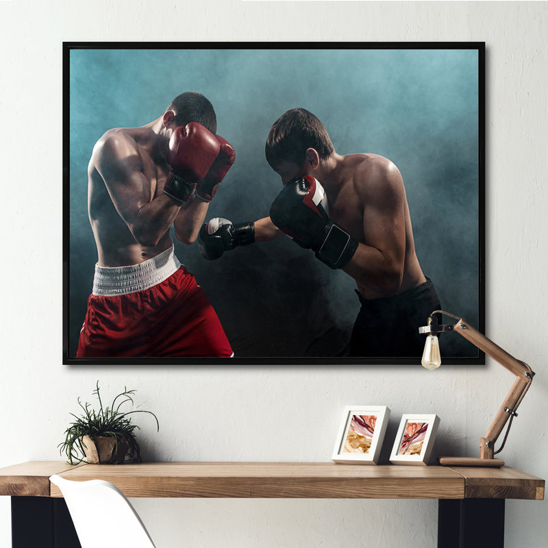 Deux boxeurs professionnels sur toile, H 30 po x l 40 po x P 1,5 po, Cadre flottant noir