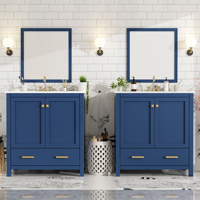 60" Bathroom Vanity Set with Double Vanities, Blue/Gold