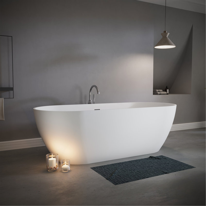 69" Stone Resin Freestanding Bathtub, Solid Surface Luxury Soaking Tub With Integrated Slotted Overflow & Pop-Up Drain, Stand Alone Elegant Bathroom Soaker Tub In Matte White