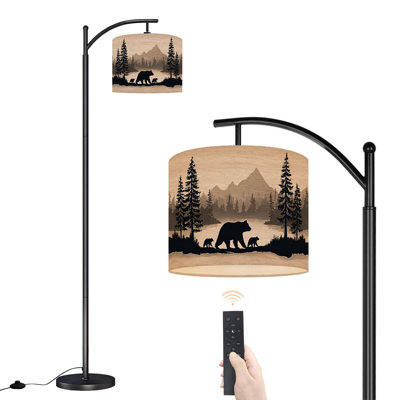 Arc Floor Lamp with Adjustable Lampshade Rustic Cabin Farmhouse Lodge Bear Mountain Pine Trees Forest Standing Lamp 3 Colour Temperatures Dimmable Tall Pole Lamp with Foot Switch for Bedroom