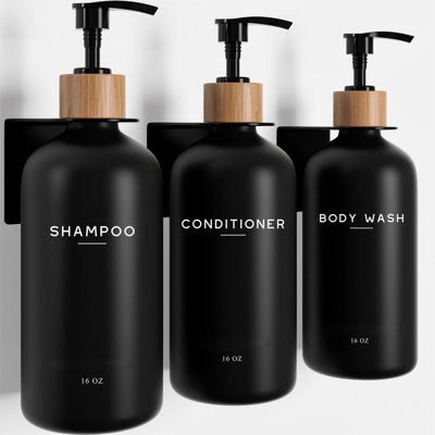 Black Shampoo And Conditioner Dispenser Set Wall Mounted  - Shampoo Dispenser For Shower Wall 3 Chamber No Drill - Shower Bottles Refillable With Labels For Bathroom, Airbnb (Black)