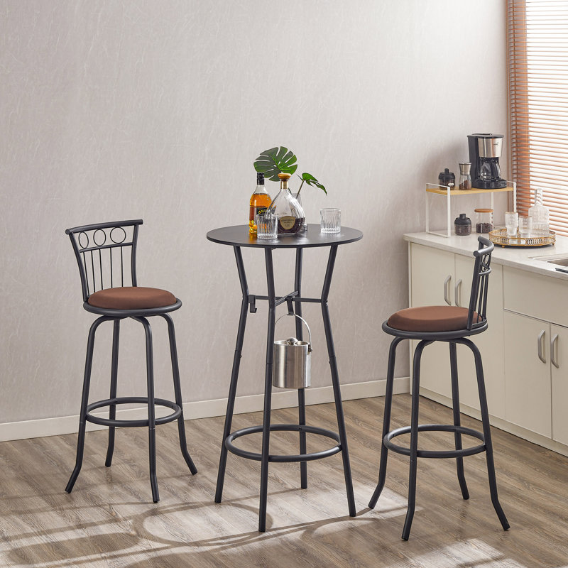 3 Bar Table and Chairs Set Dining Room Industrial Counter Height Bar Chairs with Metal Back Fabric Seat