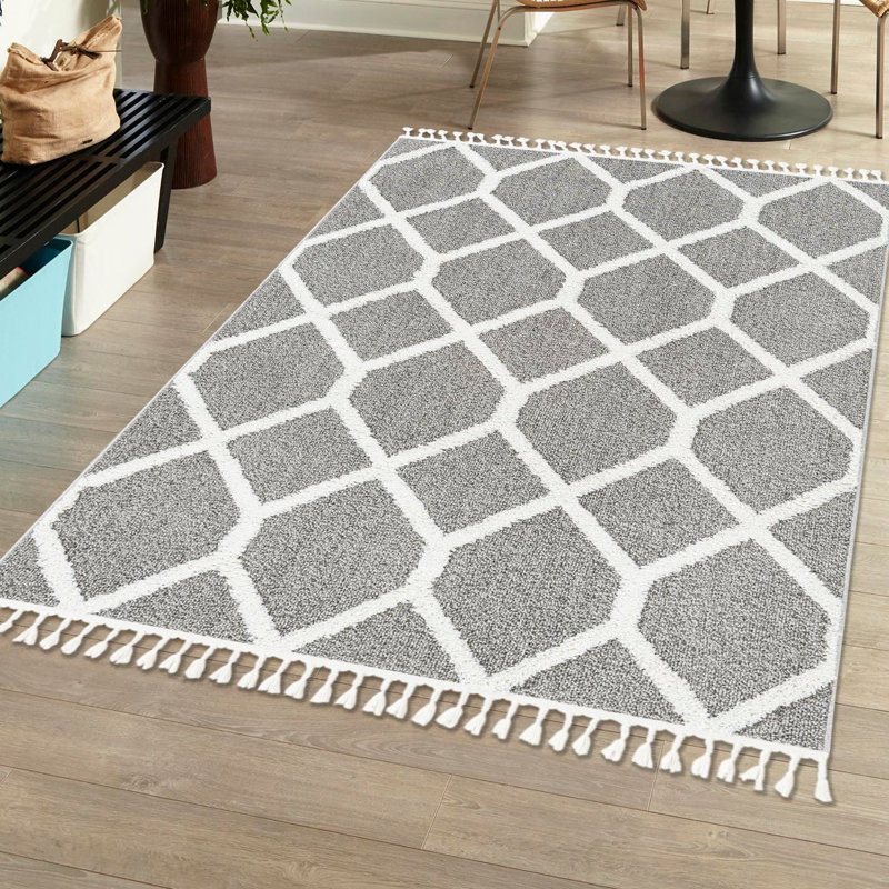 Tapis géométrique gris en polyester tissé à la machine Jocelynmarie, Rectangle 7 pi 10 po x 10 pi