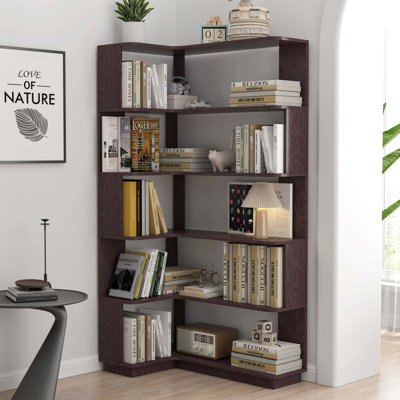 90Cm (35.43") Extended Size 5-Tier Freestanding L-Shaped Corner Bookshelf For Living Room, Bedroom, Home Office Wooden Bookcase With Anti-Drop Panel And Anti Tipping Device, Display Shelf Open Storage