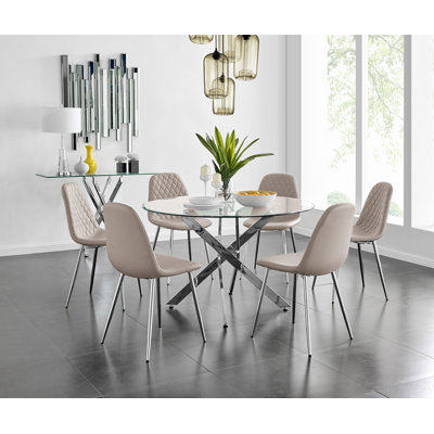 Tierra Sleek Metal and Glass Round Dining Table Set with 6 Faux Leather Upholstered Dining Chairs