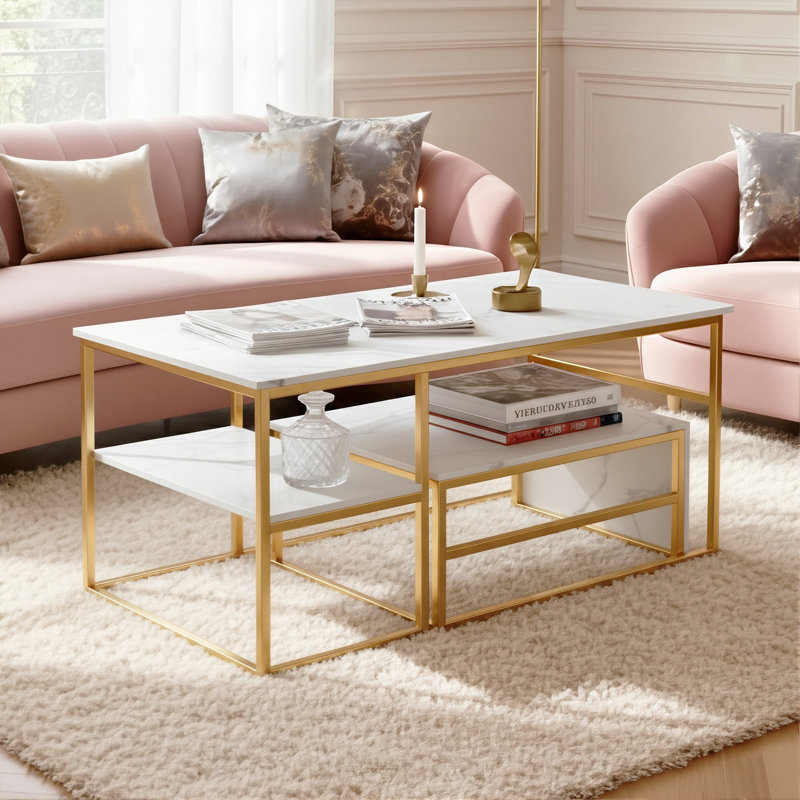 105Cm Modular Coffee Table Set (Set Of 2), Nesting C-Table With Multi-Level Shelves, Wood Grain, Gold & Black, Gold