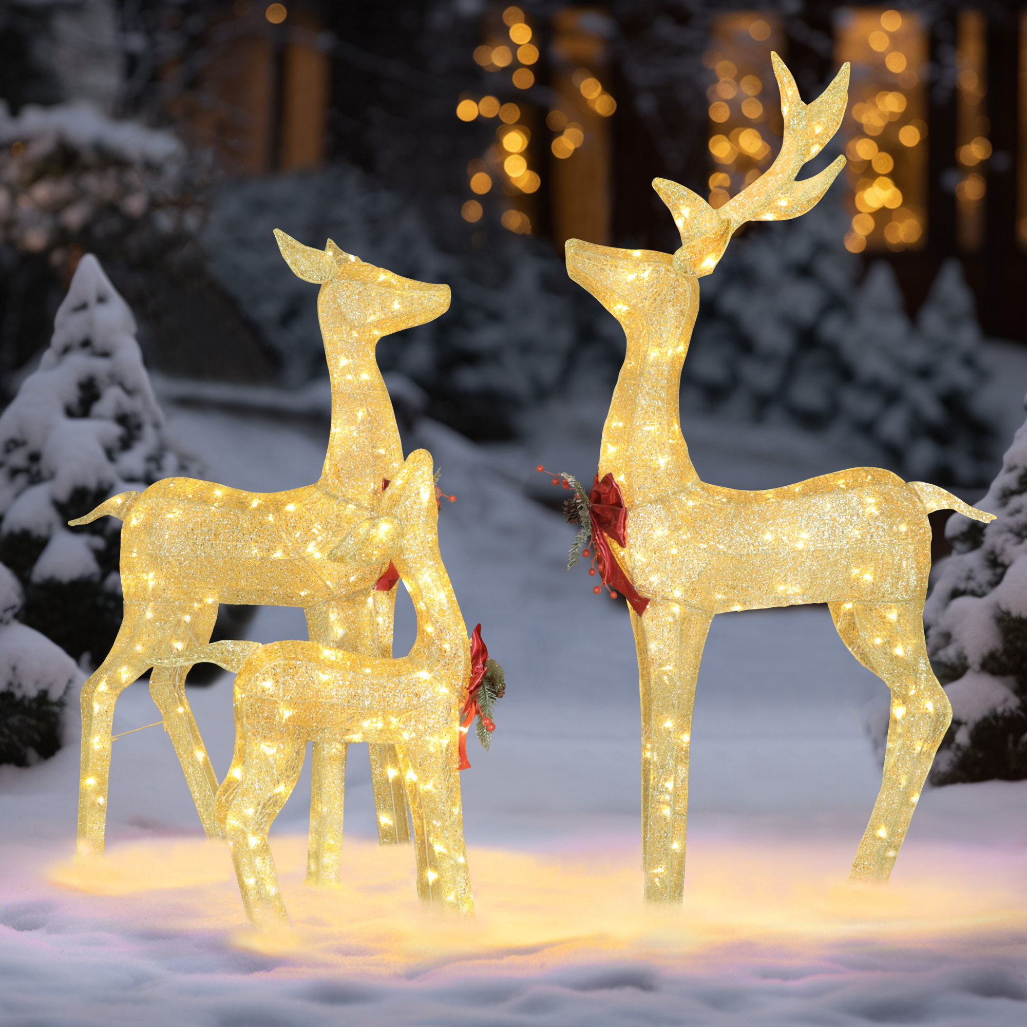 Gutierrez 3 Piece Christmas Deer Lighted Display Set, Gold/Red