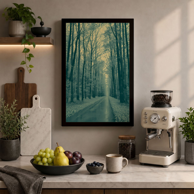 Winter Road Perspective Scandinavian - Wrapped Canvas, 36x24 - 91.4 x 61.0 cm, Ochre Border