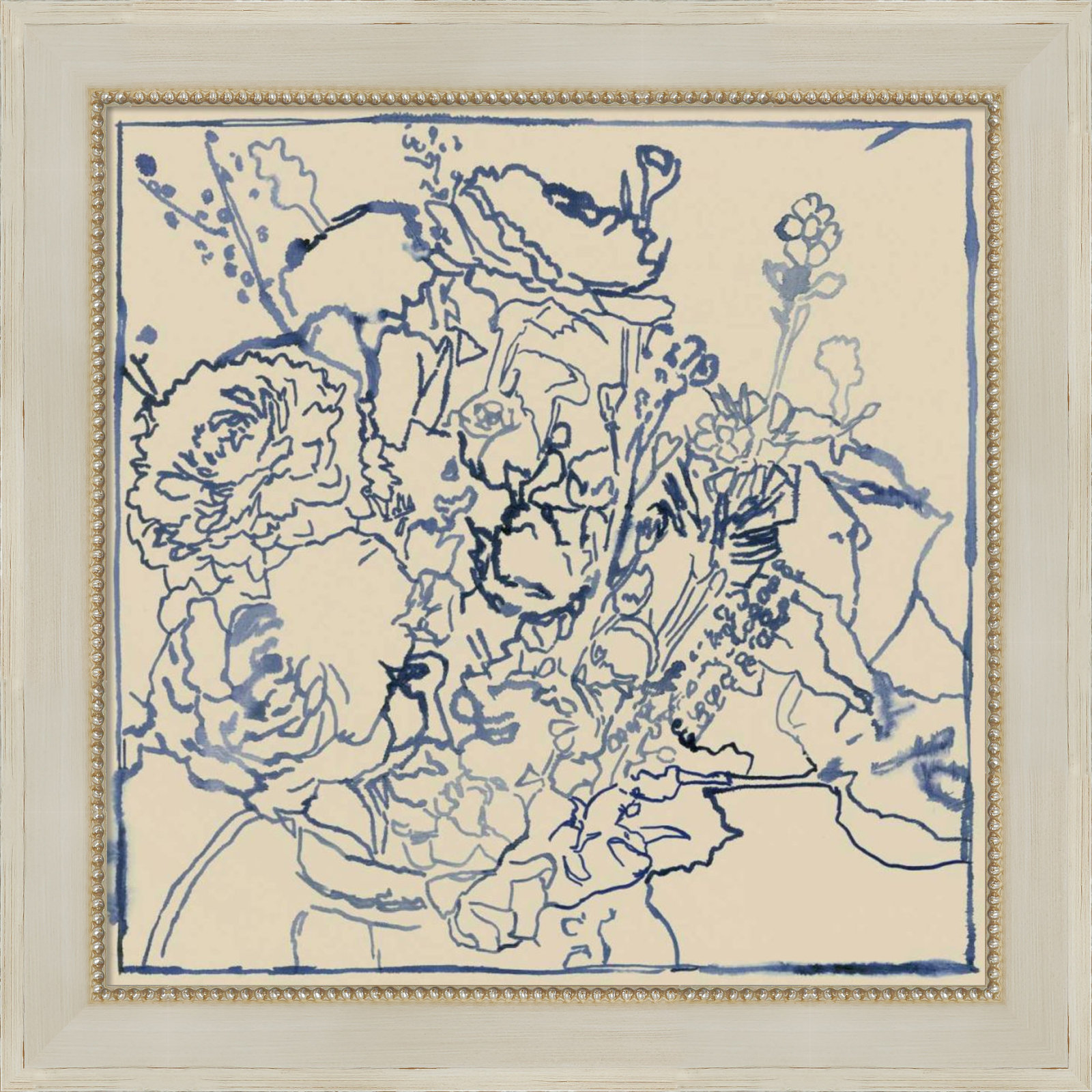 Indigo Floral Sketch by Megan Meagher, Cream, 24" W x 24" H
