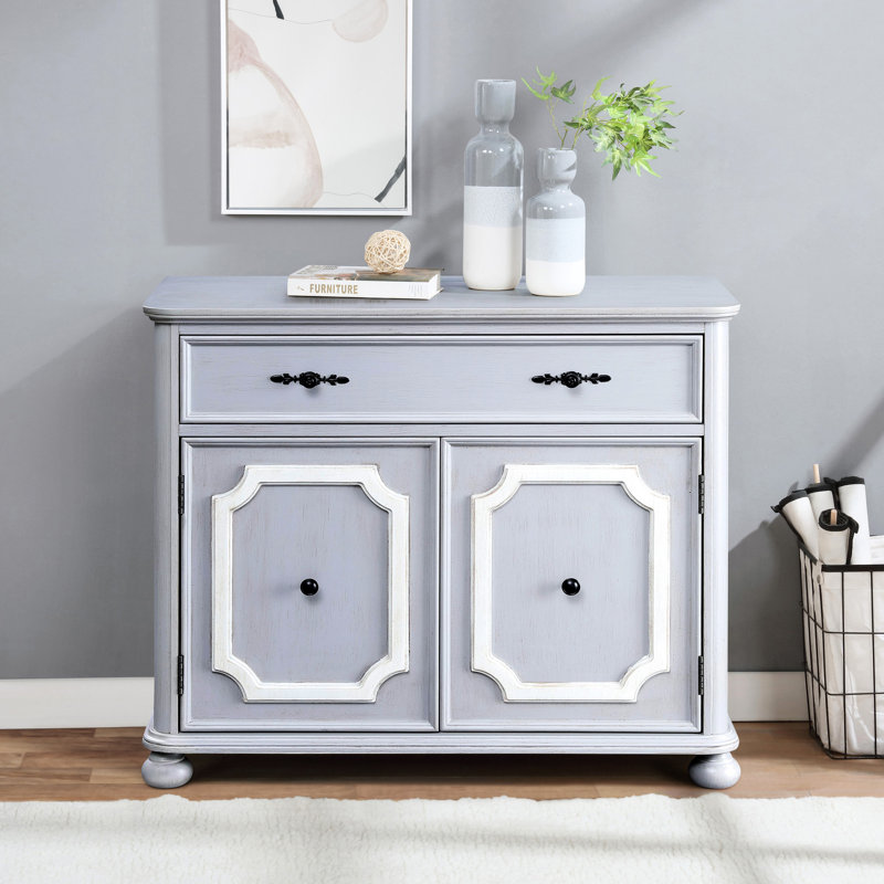 Grey Accent Cabinet With 1 Drawer - 2 Doors Vintage Bun Feet Elegance Ample Storage Option Smooth Metal Glides Home Splendor 2-Door Glamour Spacious Silent Magnificence
