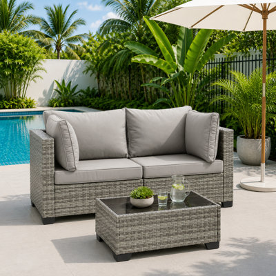 2-Person All-Weather Rattan Sofa Set, Outdoor Sofa with Cushions & Glass Table