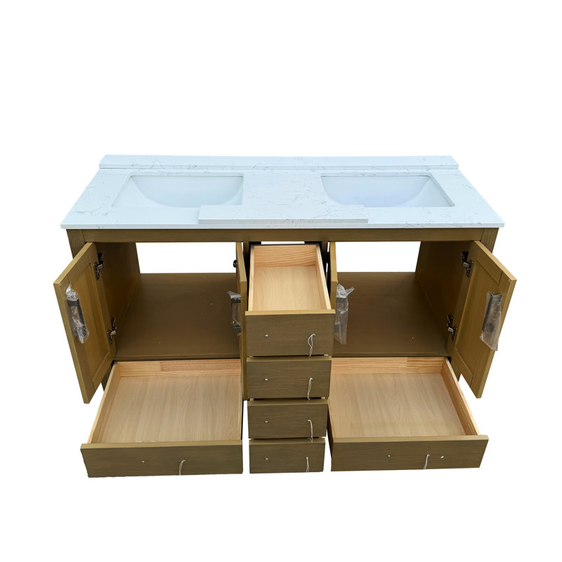 Meuble-lavabo de 55 po avec lavabos doubles et trou pour robinet, lavabo de rangement en chêne 4 portes, 6 tiroirs, comptoir, céramique, mécanisme de fermeture en douceur pour utilisation sans effort, lavabo en céramique, contreplaqué de bois massif