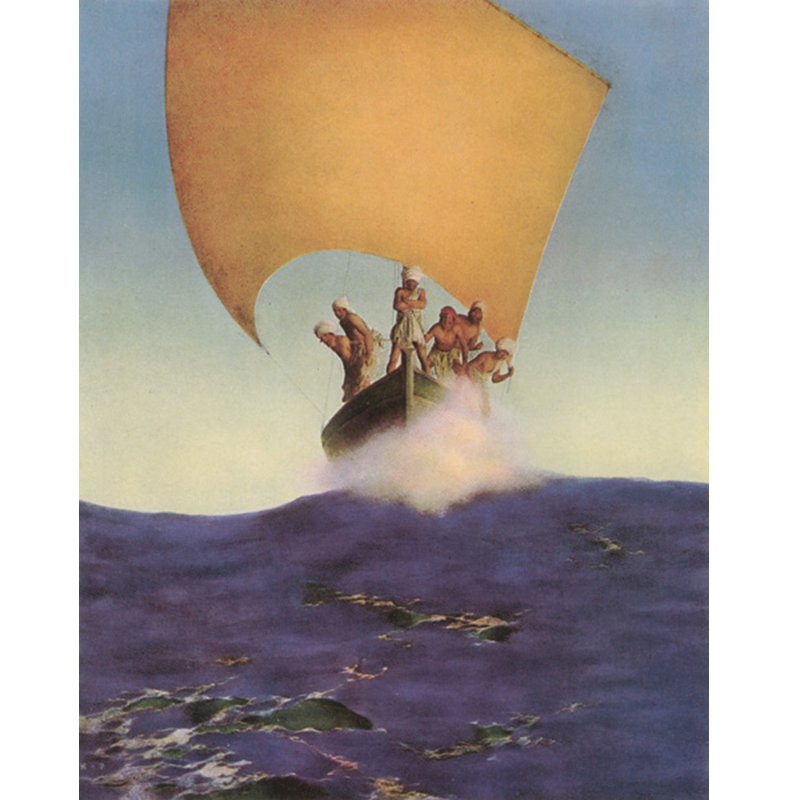 Toile tendue avec l'histoire de Codadad et ses frères par Maxfield Parrish, H 24 po x l 17 po