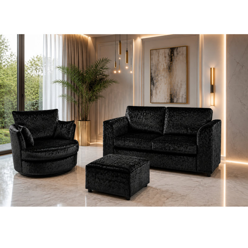 3 Piece Velvet Standard Living Room Set, Black