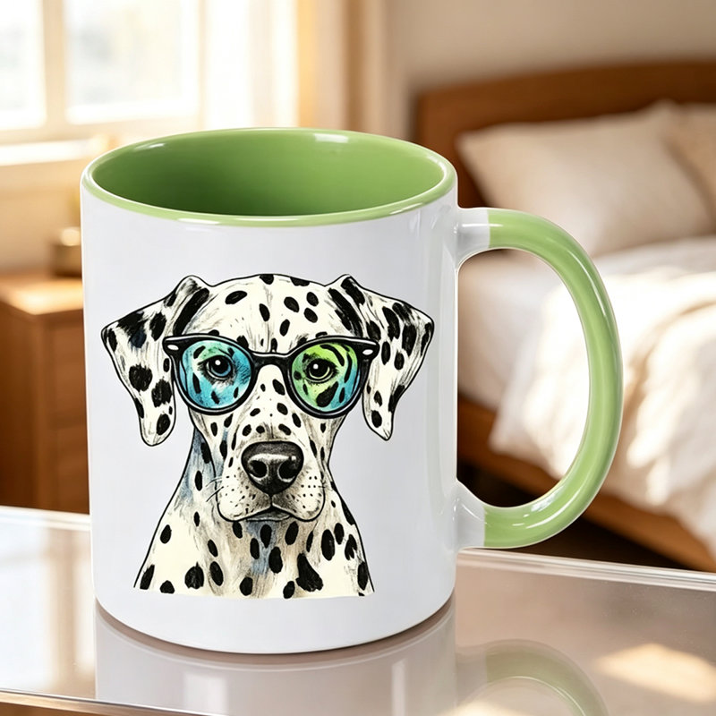 A reusable ceramic coffee cup with a spotted dog print, suitable as a birthday gift, Thanksgiving gift and Christmas present.
