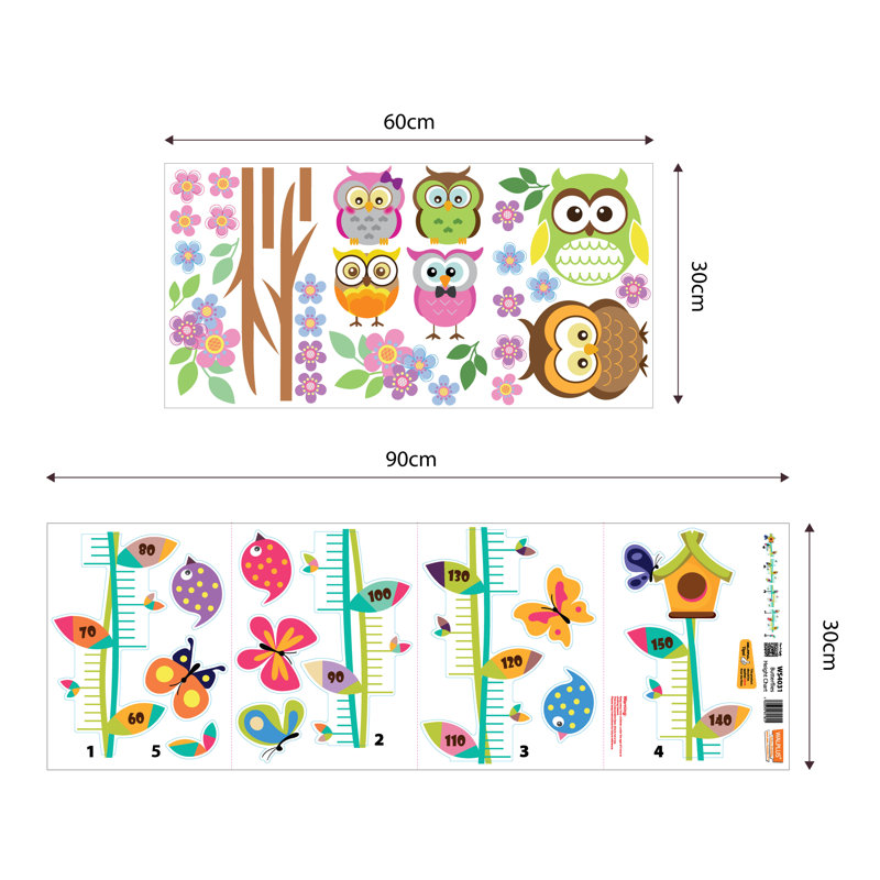 Floral Owl Tree and Butterfly Height Chart Wall Sticker