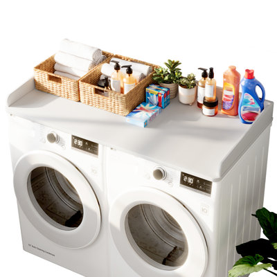 Dryer Countertop, Laundry Wood Shelf Topper With Edge, 54" Width X 26.7" Depth Cover Guard Organizer For Washer And Dryer Laundry Hamper Counter Storage Organization (White)