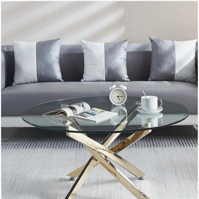 Table basse ronde moderne en verre trempé avec pieds chromés