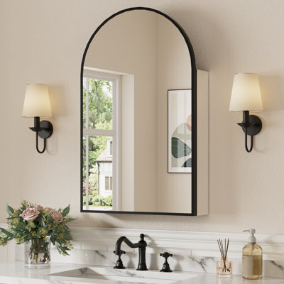Armoire à pharmacie moderne dorée cintrée de 40,6 cm (16 po) de largeur x 81,3 cm (32 po) de hauteur, avec miroir et étagères en verre réglables, encastrée ou en saillie, pour salle de bain, salle d'eau, salle de bain pour invités, appartements.