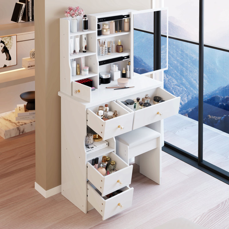 Petite coiffeuse 29,2 po avec tabouret de bureau à gauche et tabouret rembourré, très grand miroir coulissant à droite, rangement multicouche à grande capacité, commode pratique et pratique, convient aux petits espaces
