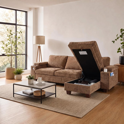 100" Corduroy L-Shaped Sectional Sofa with Reversible Storage Chaise, Modern Modular Couch with Cup Holders, USB Ports & Storage Armrests for Living Room